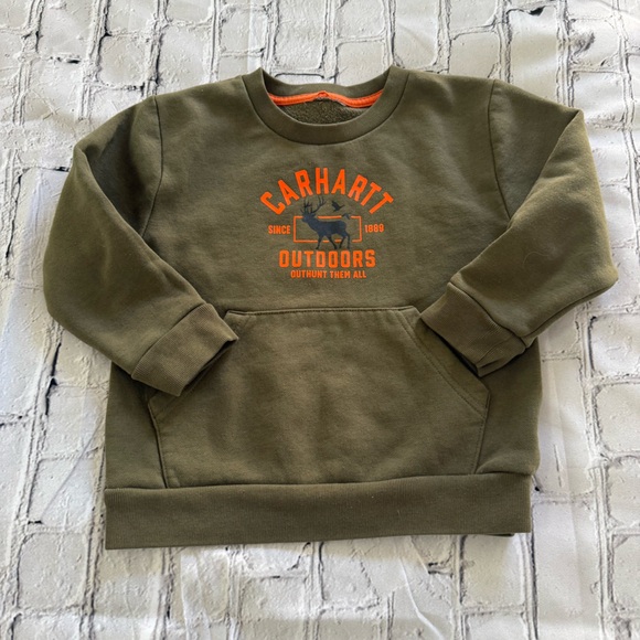 Carhartt Kids  Olive Sweatshirt with Bright Orange Logo Sz 24 months GUC - Picture 1 of 4